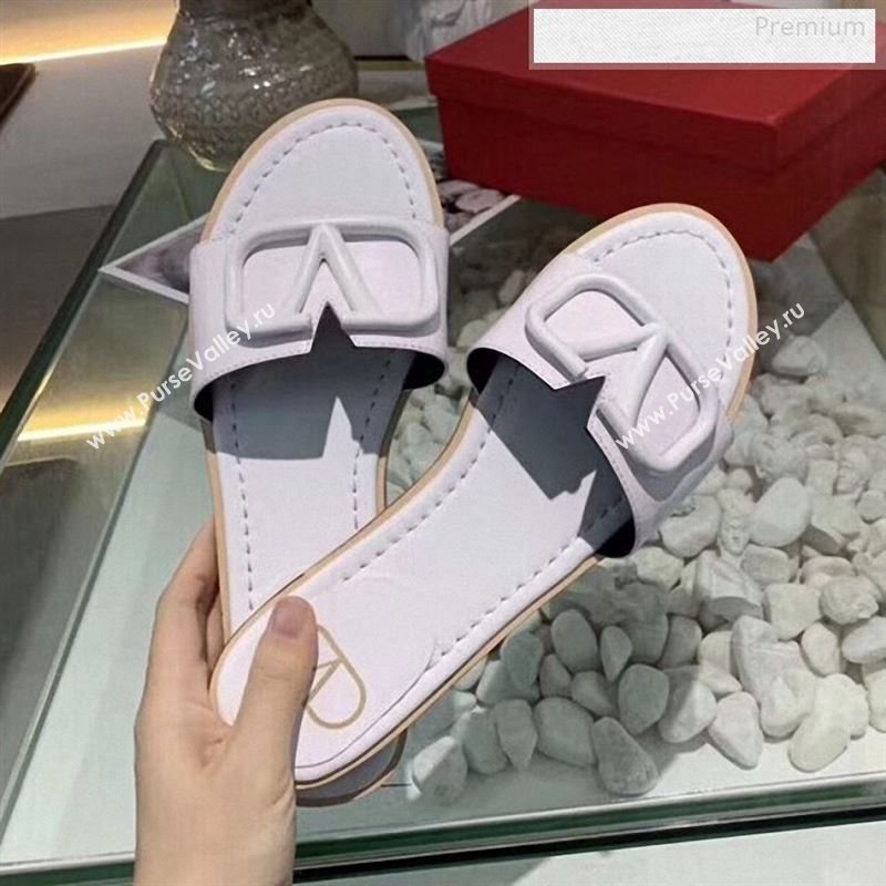 Valentino VLogo Calfskin Flat Slides Sandals White 2020 (MD-9122625)