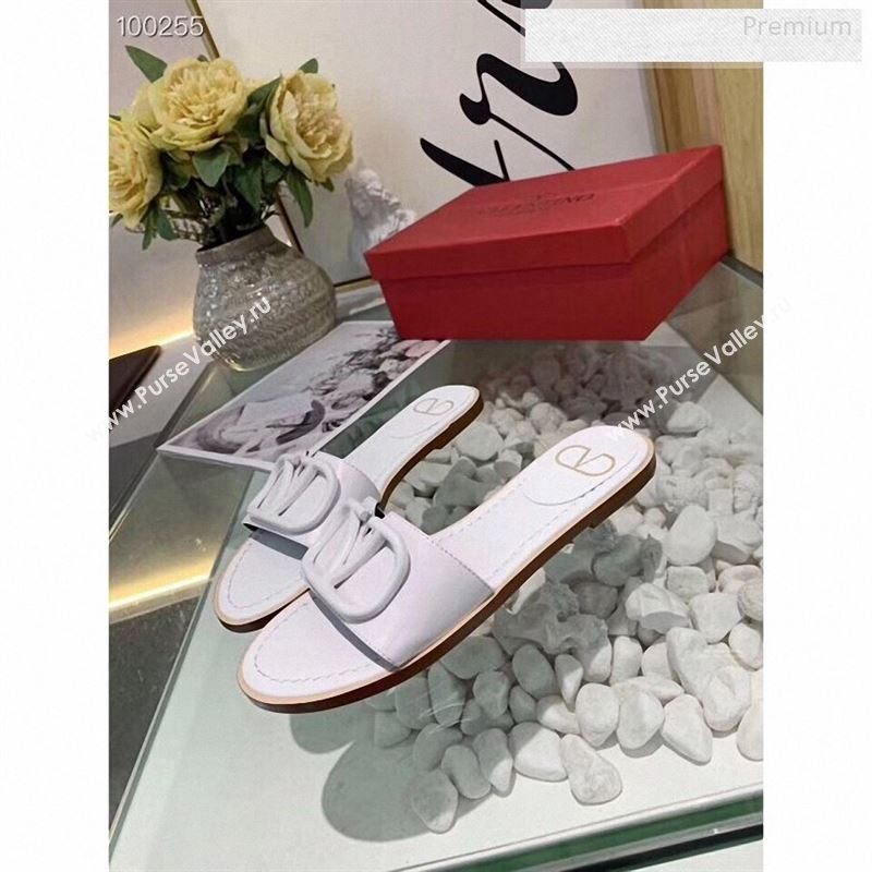 Valentino VLogo Calfskin Flat Slides Sandals White 2020 (MD-9122625)