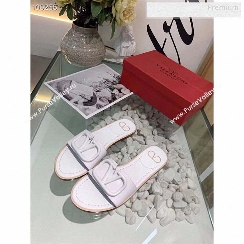 Valentino VLogo Calfskin Flat Slides Sandals White 2020 (MD-9122625)