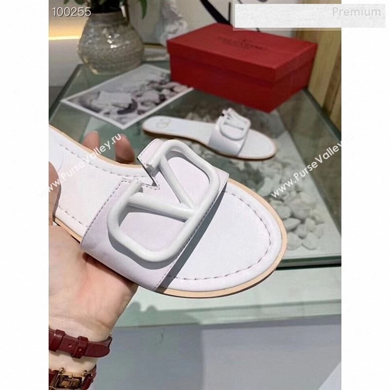 Valentino VLogo Calfskin Flat Slides Sandals White 2020 (MD-9122625)