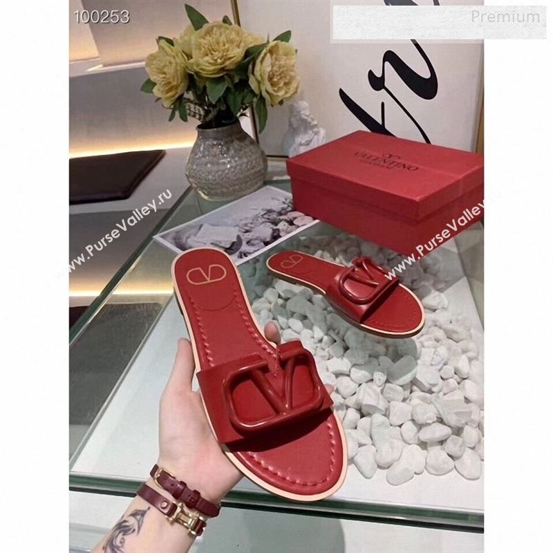 Valentino VLogo Calfskin Flat Slides Sandals Red 2020 (MD-9122626)