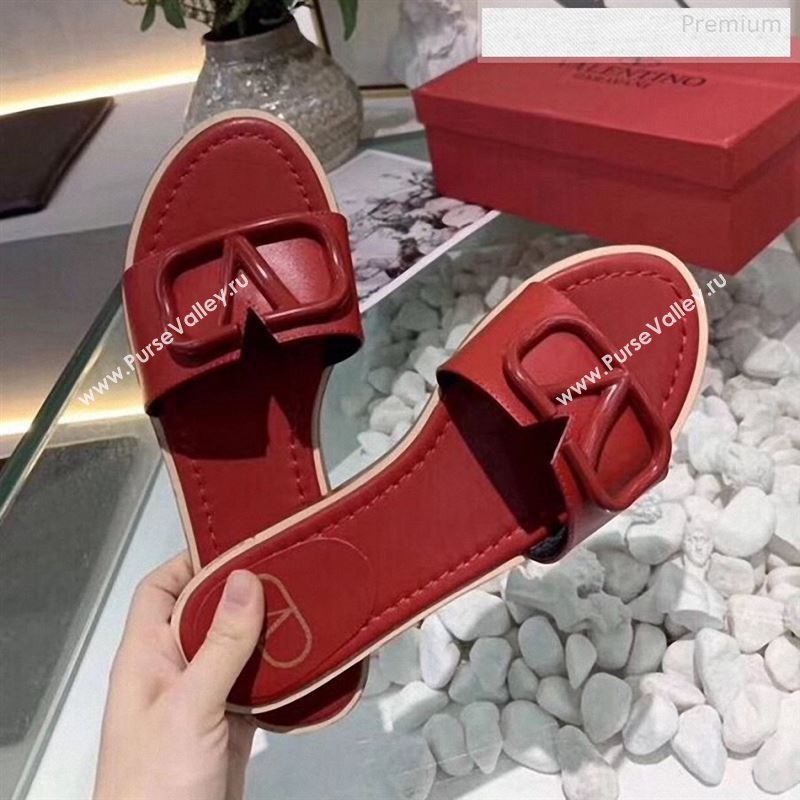 Valentino VLogo Calfskin Flat Slides Sandals Red 2020 (MD-9122626)