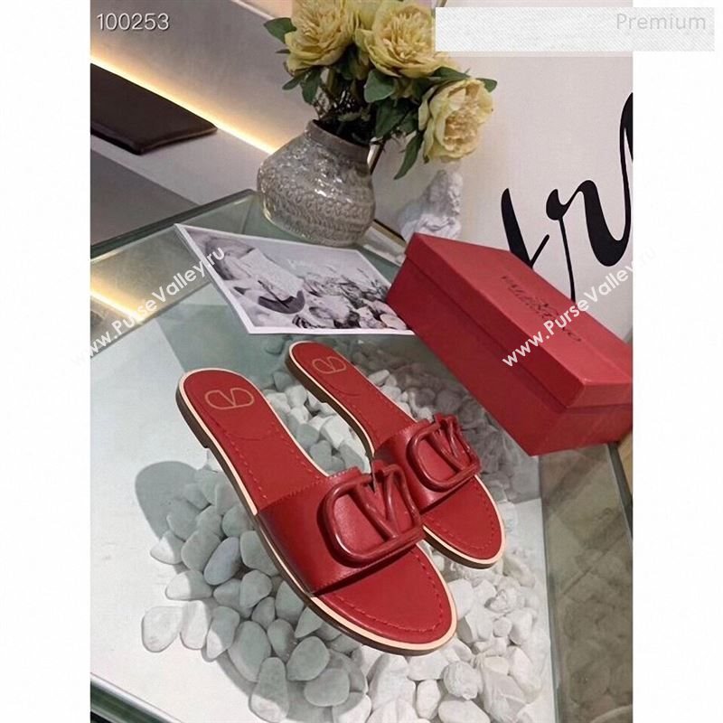 Valentino VLogo Calfskin Flat Slides Sandals Red 2020 (MD-9122626)