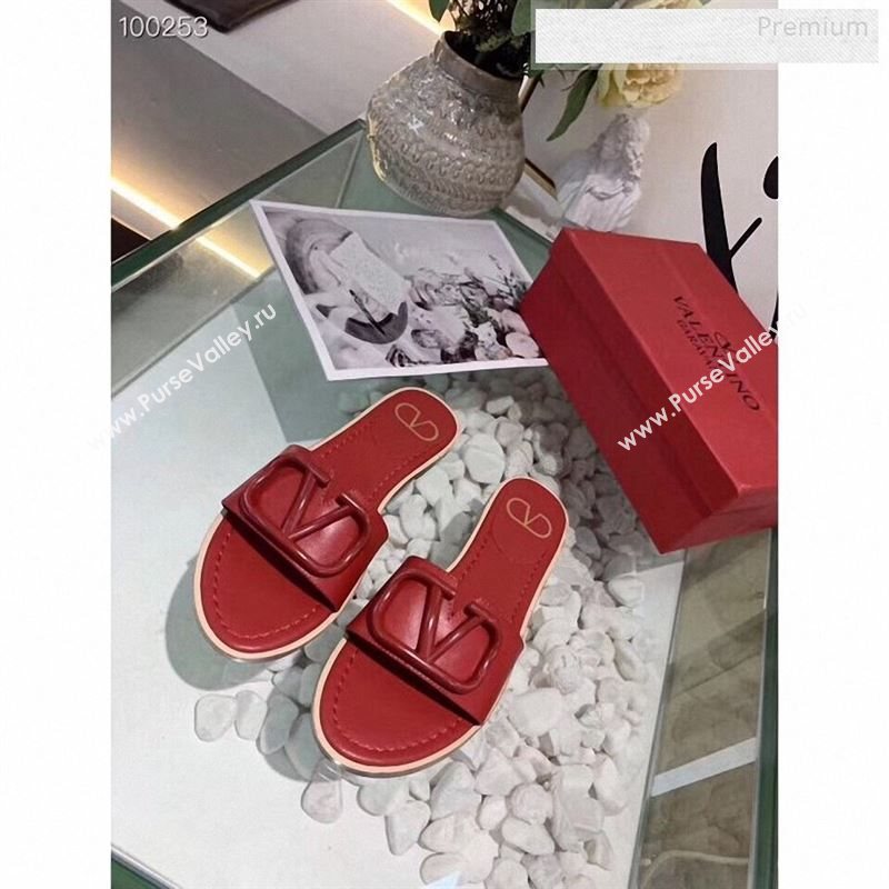 Valentino VLogo Calfskin Flat Slides Sandals Red 2020 (MD-9122626)