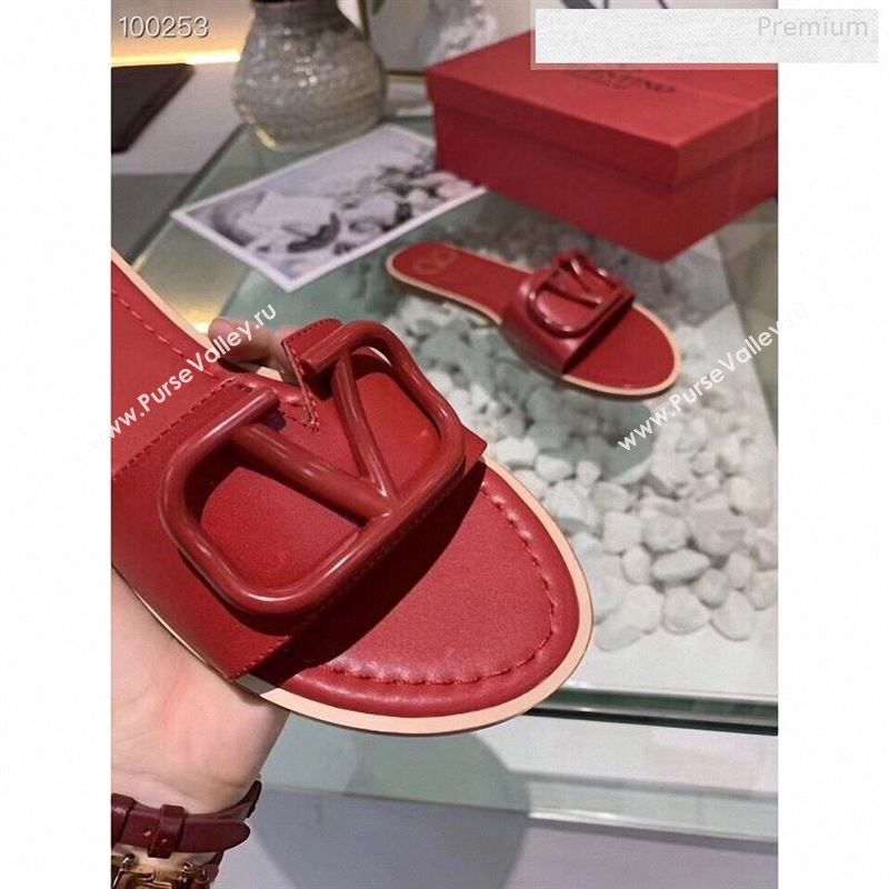 Valentino VLogo Calfskin Flat Slides Sandals Red 2020 (MD-9122626)