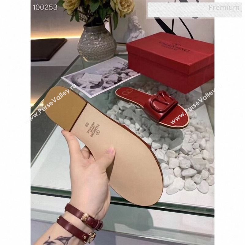 Valentino VLogo Calfskin Flat Slides Sandals Red 2020 (MD-9122626)