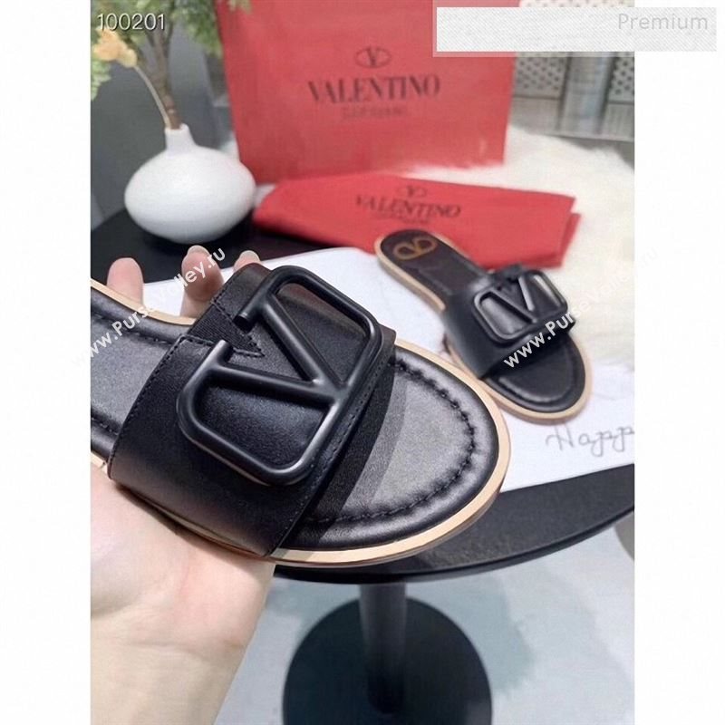 Valentino VLogo Calfskin Flat Slides Sandals Black 2020 (MD-9122627)