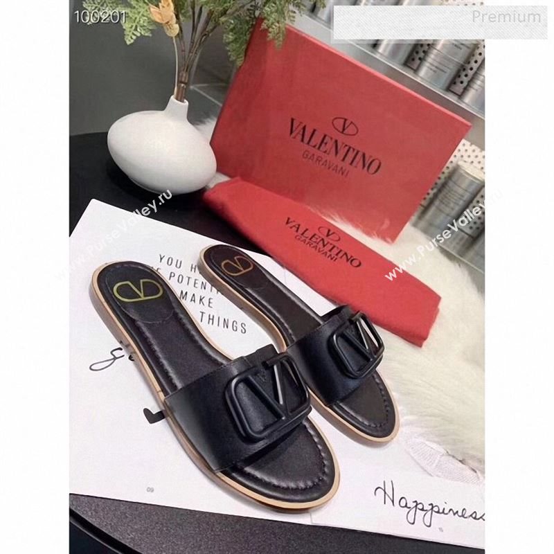 Valentino VLogo Calfskin Flat Slides Sandals Black 2020 (MD-9122627)