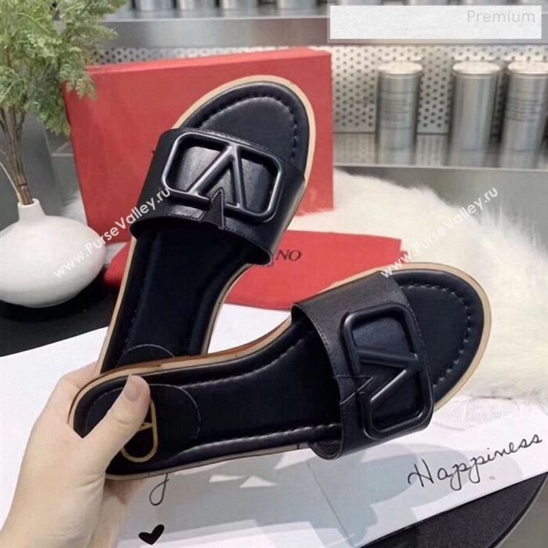 Valentino VLogo Calfskin Flat Slides Sandals Black 2020 (MD-9122627)