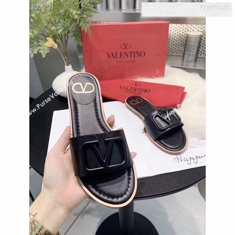 Valentino VLogo Calfskin Flat Slides Sandals Black 2020 (MD-9122627)