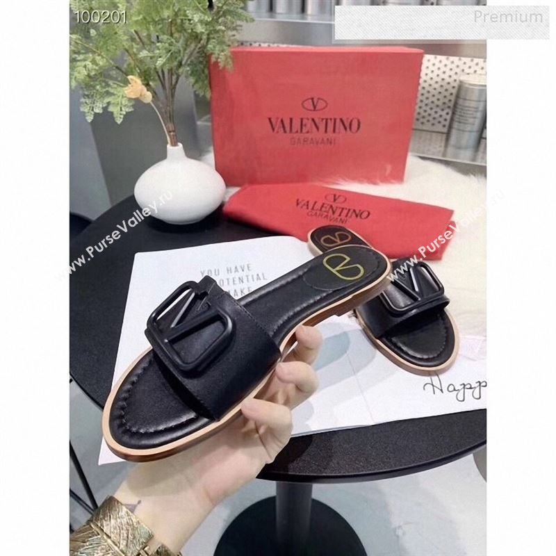 Valentino VLogo Calfskin Flat Slides Sandals Black 2020 (MD-9122627)
