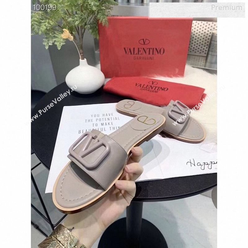 Valentino VLogo Calfskin Flat Slides Sandals Grey 2020 (MD-9122628)