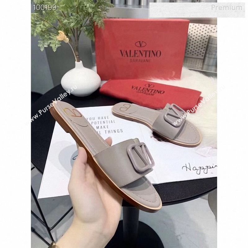 Valentino VLogo Calfskin Flat Slides Sandals Grey 2020 (MD-9122628)