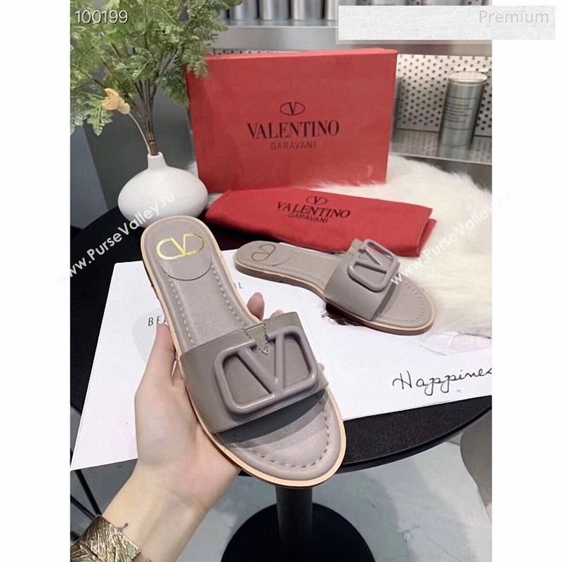 Valentino VLogo Calfskin Flat Slides Sandals Grey 2020 (MD-9122628)