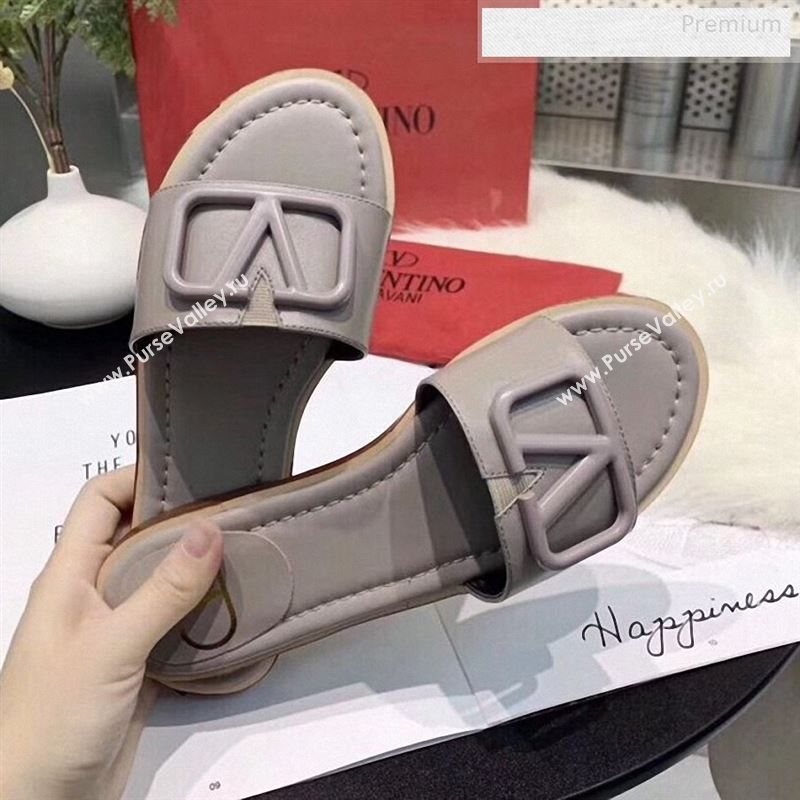 Valentino VLogo Calfskin Flat Slides Sandals Grey 2020 (MD-9122628)