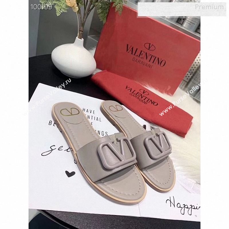 Valentino VLogo Calfskin Flat Slides Sandals Grey 2020 (MD-9122628)