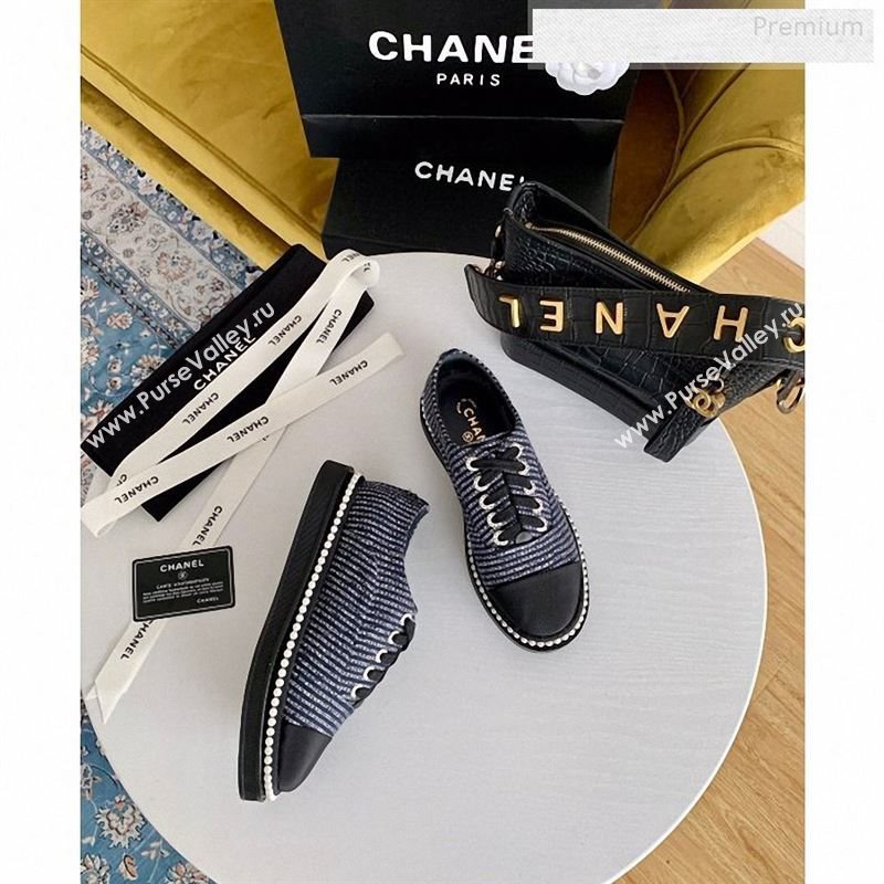 Chanel Pearl Fabric Sneakers Navy Blue 2020 (SS-9123130)