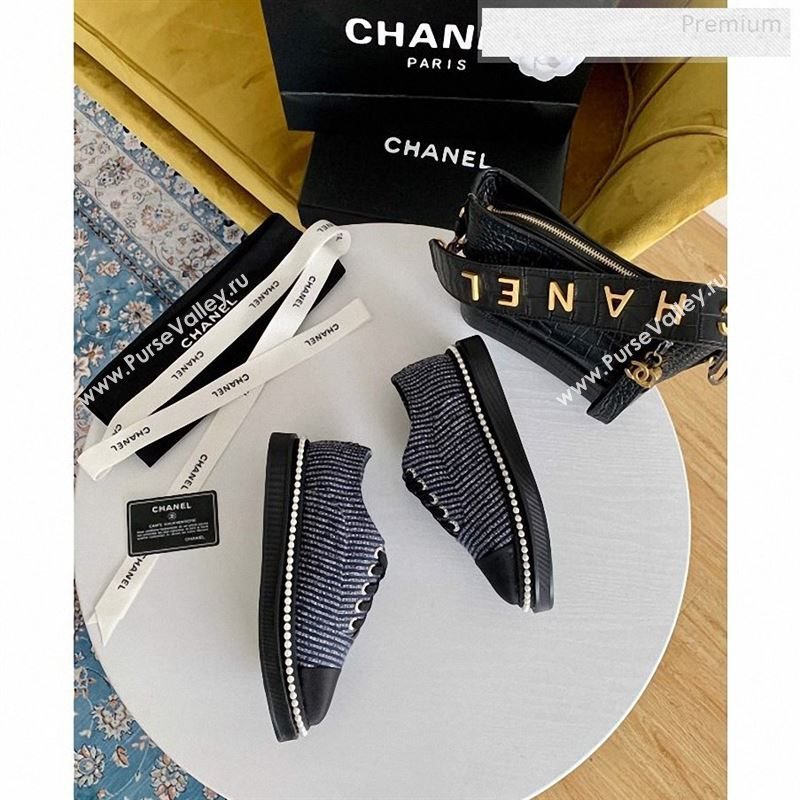 Chanel Pearl Fabric Sneakers Navy Blue 2020 (SS-9123130)