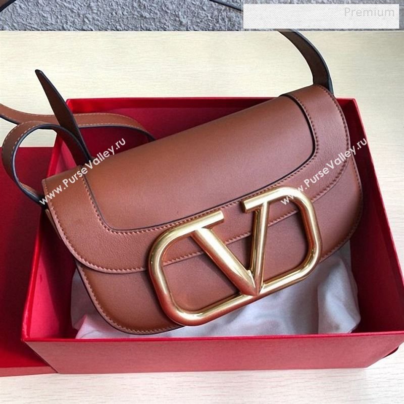 Valentino Supervee Calfskin Maxi-Logo Crossbody Bag 1011L Brown/Gold 2020 (JD-9123020)