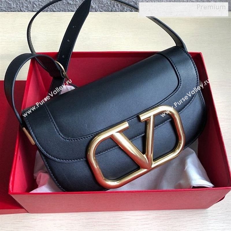 Valentino Supervee Calfskin Maxi-Logo Crossbody Bag 1011L Black/Gold 2020 (JD-9123019)