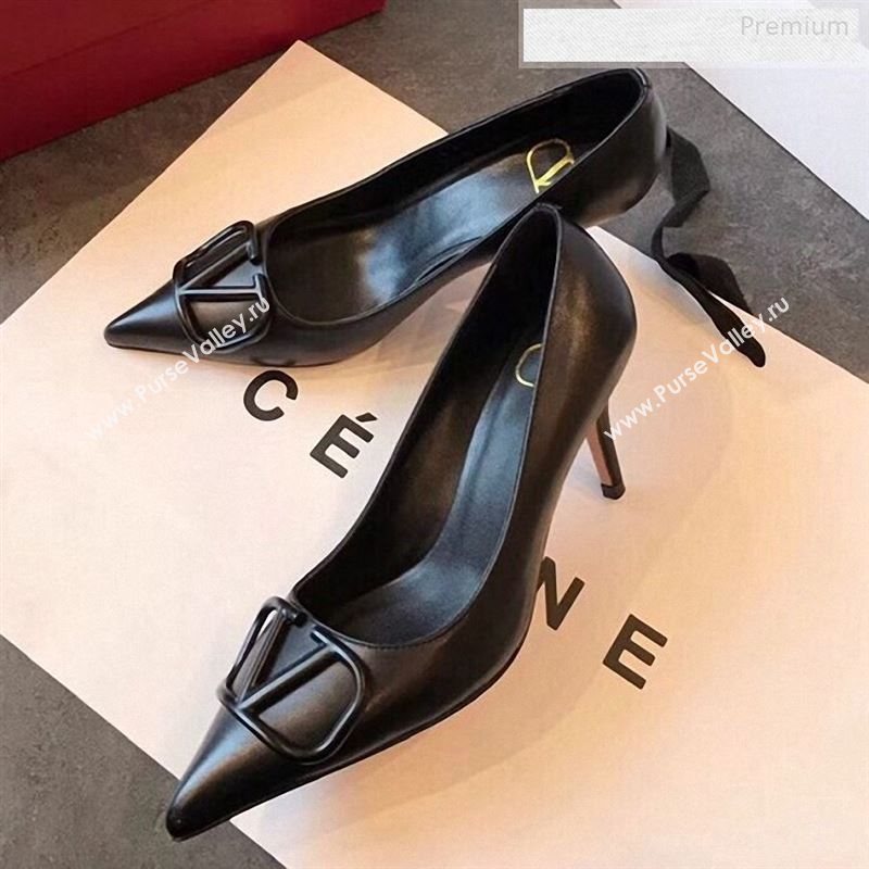 Valentino VLogo Calfskin Pointed Toe Mid-Heel Pump Black 2019 (EM-9123102)