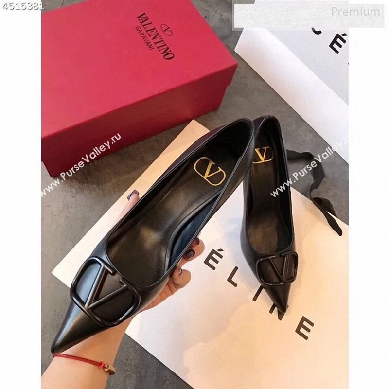 Valentino VLogo Calfskin Pointed Toe Mid-Heel Pump Black 2019 (EM-9123102)