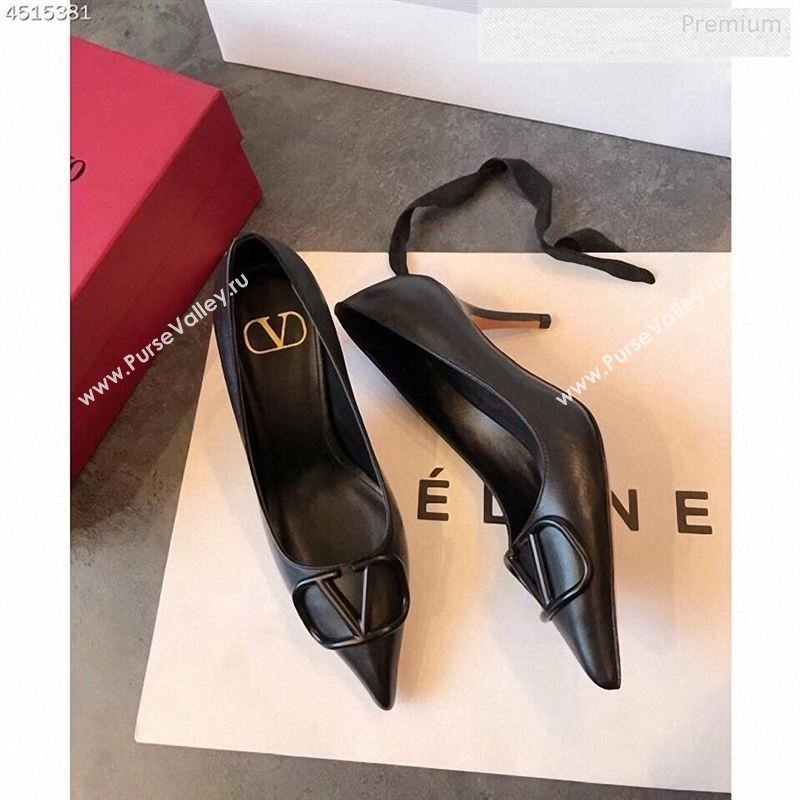 Valentino VLogo Calfskin Pointed Toe Mid-Heel Pump Black 2019 (EM-9123102)