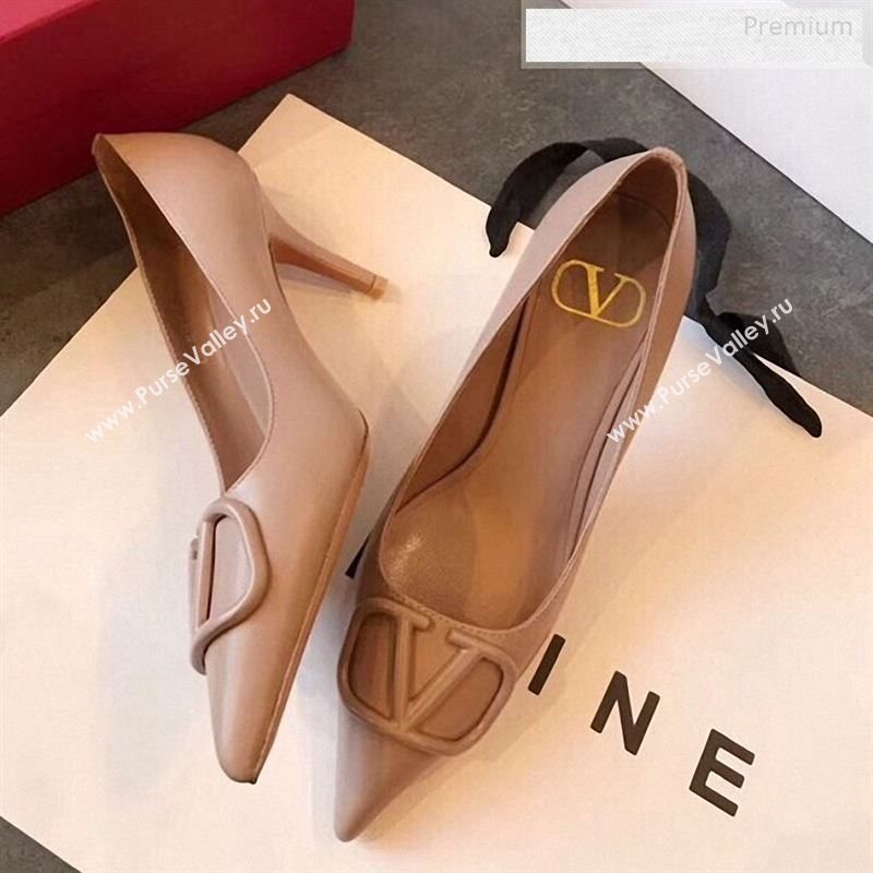 Valentino VLogo Calfskin Pointed Toe Mid-Heel Pump Nude 2019 (EM-9123103)