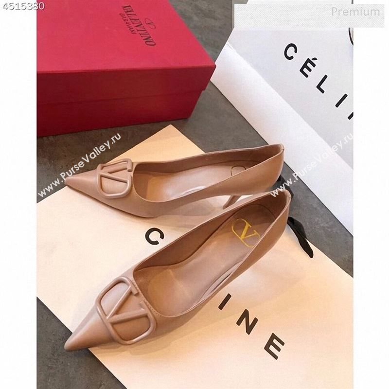 Valentino VLogo Calfskin Pointed Toe Mid-Heel Pump Nude 2019 (EM-9123103)