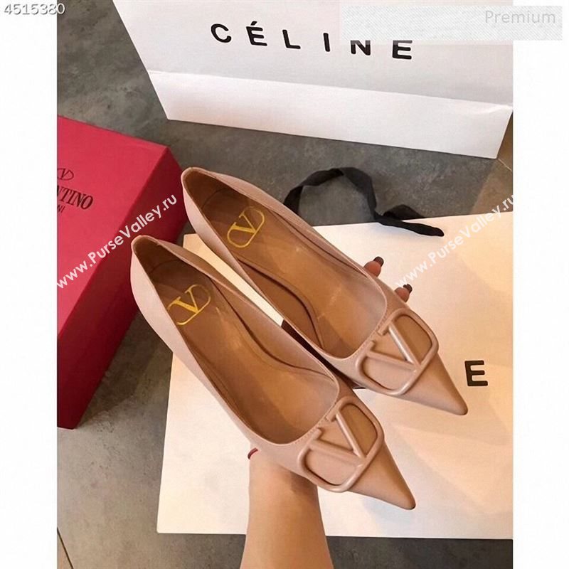 Valentino VLogo Calfskin Pointed Toe Mid-Heel Pump Nude 2019 (EM-9123103)