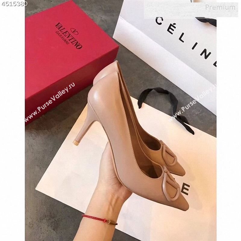 Valentino VLogo Calfskin Pointed Toe Mid-Heel Pump Nude 2019 (EM-9123103)