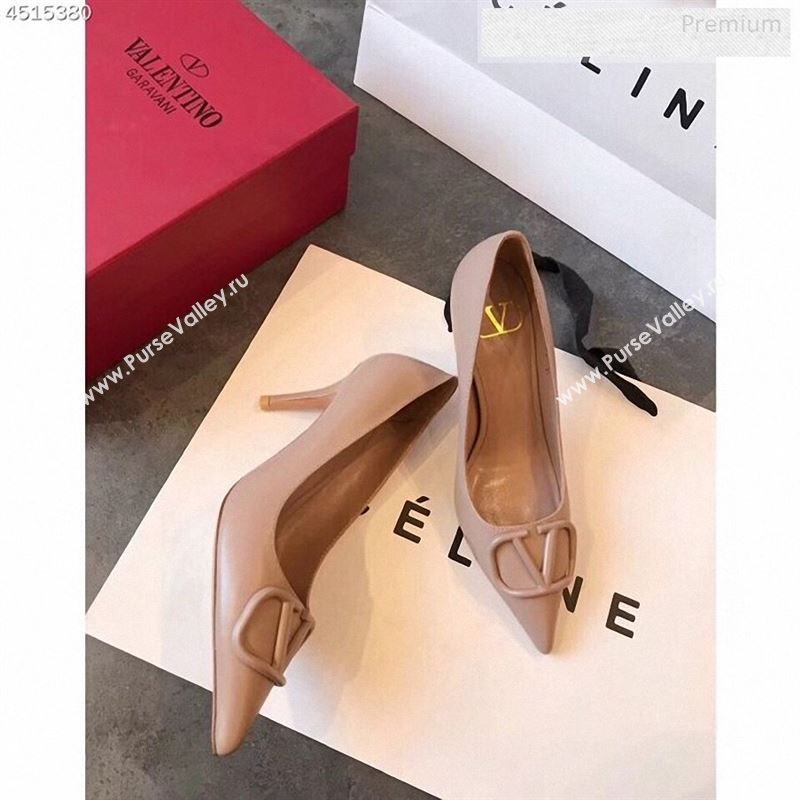 Valentino VLogo Calfskin Pointed Toe Mid-Heel Pump Nude 2019 (EM-9123103)