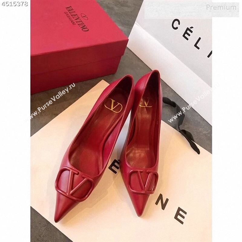 Valentino VLogo Calfskin Pointed Toe Mid-Heel Pump Red 2019 (EM-9123101)