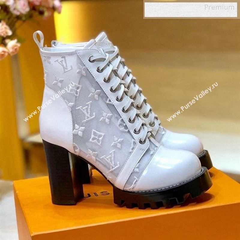 Louis Vuitton Star Trail Monogram Embroidered Mesh Calfskin High-Heel Short Boots White 2019 (SY-9123112)