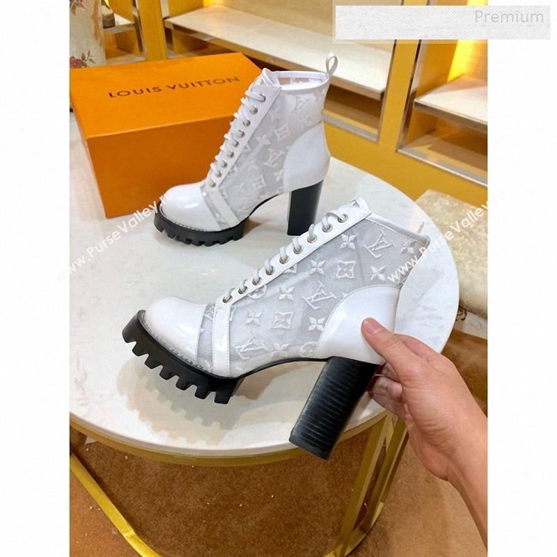 Louis Vuitton Star Trail Monogram Embroidered Mesh Calfskin High-Heel Short Boots White 2019 (SY-9123112)