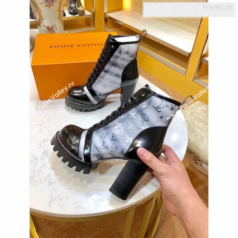 Louis Vuitton Star Trail Monogram Embroidered Mesh Calfskin High-Heel Short Boots Black 2019 (SY-9123115)