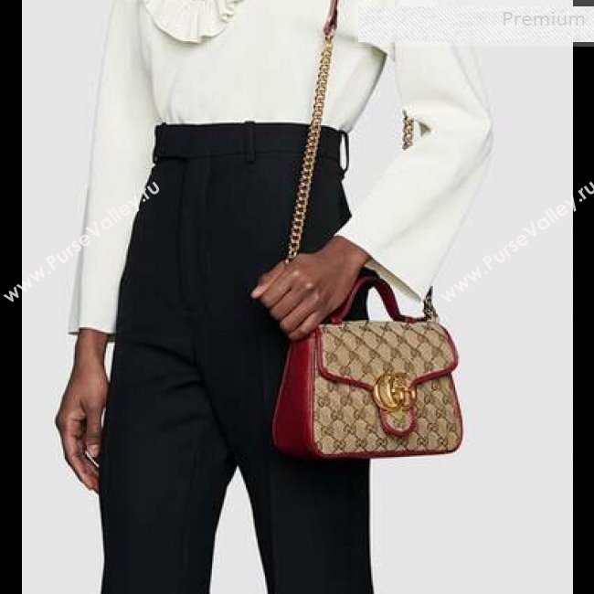 Gucci GG Diagonal Marmont Mini Top Handle Bag 583571 Beige/Red 2020 (DLH-0010233)