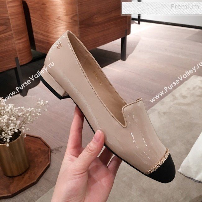 Chanel Patent Leather Chain Flat Loafers G35164 Nude 2020 (KL-0010805)