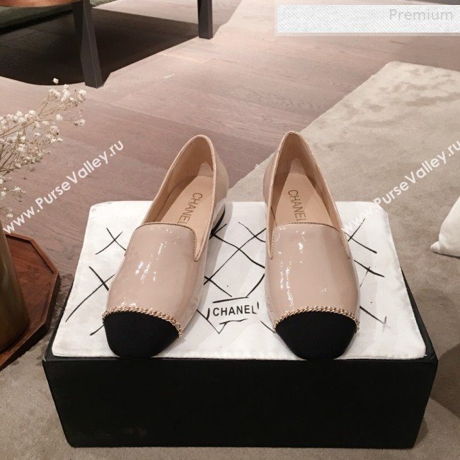 Chanel Patent Leather Chain Flat Loafers G35164 Nude 2020 (KL-0010805)