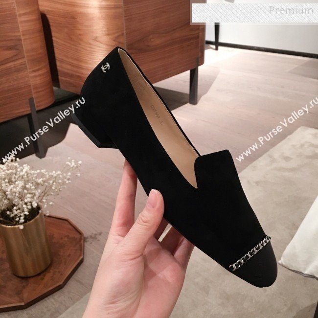Chanel Suede Chain Flat Loafers G35164 Black 2020 (KL-0010804)