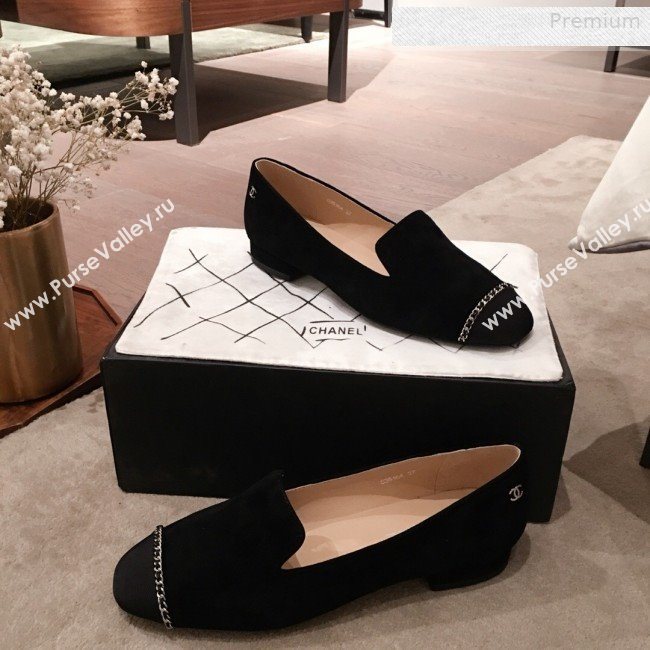 Chanel Suede Chain Flat Loafers G35164 Black 2020 (KL-0010804)
