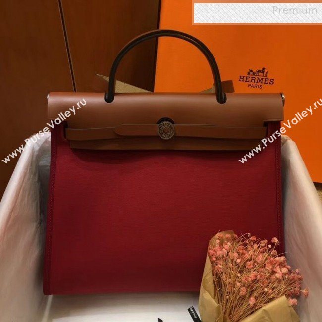 Hermes Herbag 31cm PM Double-Canvas Shoulder Bag Dark Red/Brown  (JIMMY-0010837)