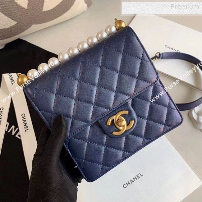 Chanel Quilted Iridescent Lambskin Pearls Flap Bag AS0584 Blue 2019 (XING-0010901)