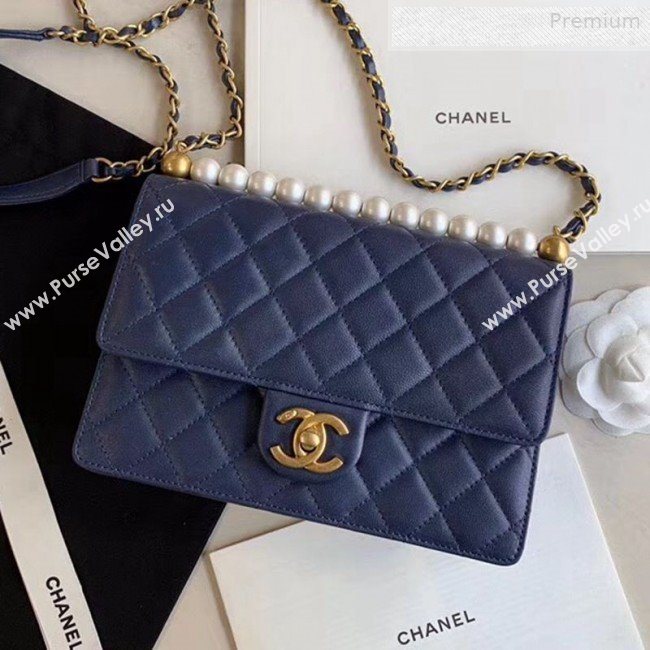 Chanel Quilted Iridescent Lambskin Pearls Flap Bag AS0585 Blue 2019 (XING-0010903)