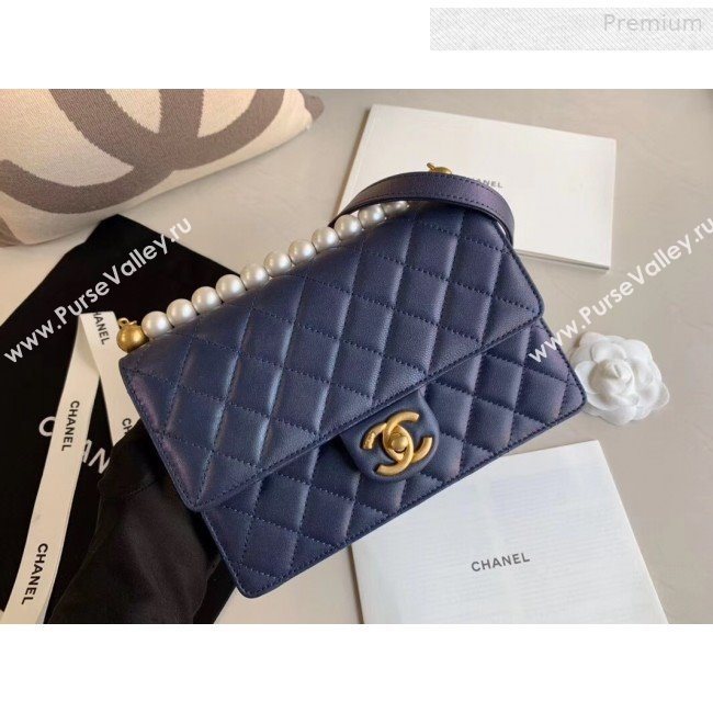 Chanel Quilted Iridescent Lambskin Pearls Flap Bag AS0585 Blue 2019 (XING-0010903)