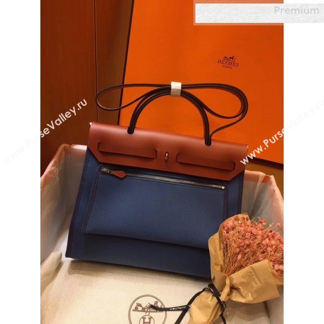 Hermes Herbag 31cm PM Double-Canvas Shoulder Bag Blue/Dark Coffee (JIMMY-0010841)