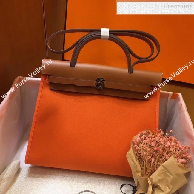 Hermes Herbag 31cm PM Double-Canvas Shoulder Bag Orange/Brown  (JIMMY-0010845)