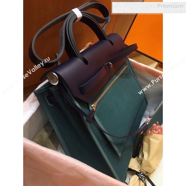 Hermes Herbag 31cm PM Double-Canvas Shoulder Bag Dark Green/Night Blue (JIMMY-0010846)