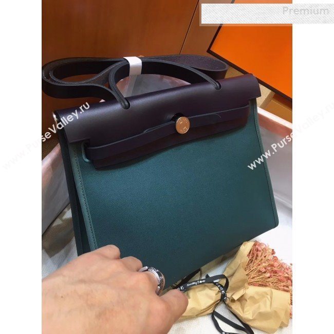 Hermes Herbag 31cm PM Double-Canvas Shoulder Bag Dark Green/Night Blue (JIMMY-0010846)