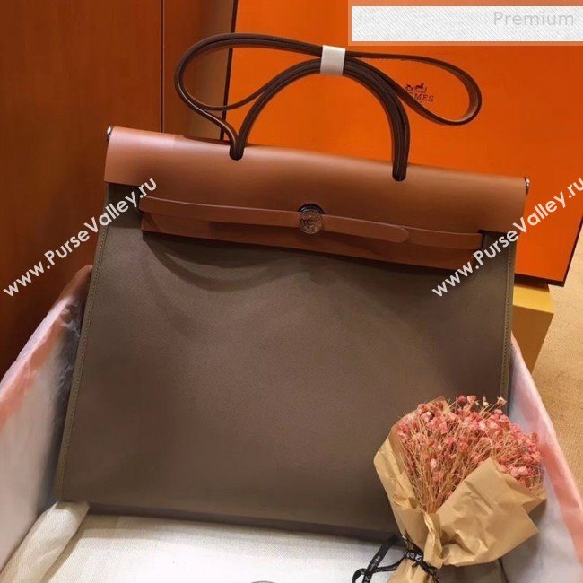 Hermes Herbag 31cm PM Double-Canvas Shoulder Bag Elephant Grey/Brown (JIMMY-0010847)